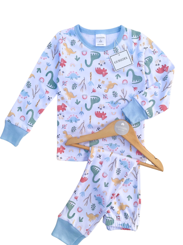 Pijama algodón pima celeste Dinosaurios