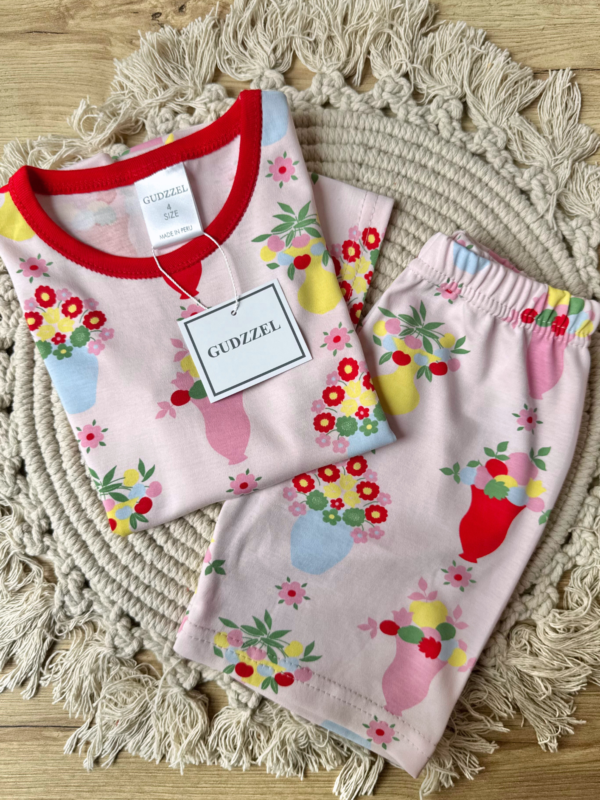 Pijama verano algodón pima flores fondo rosado